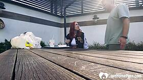 Drooling Deepthroat Blowjob from Tattooed Redhead on Knees for Horny Cock