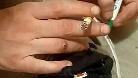 friend enthusiastically trashes sneakers in playful destruction