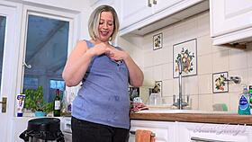 Busty 48yo BBW drenches kitchen counter with her soaking wet curves boldly