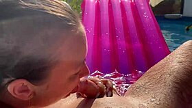 Busty amateur gives public pool blowjob then rides cock home for anal creampie