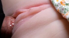close-up double penetration handjob on cute shaved fuck doll huge hairless pussy