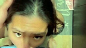 Asian beauty deepthroats huge cock in kitchen before doggystyle pov creampie