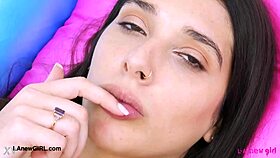 Tall brunette model teases her sexy curves close-up