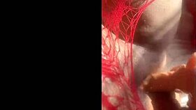 damn, this curvy latina in red shoves that dildo deep while moaning wild