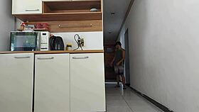 risky bareback ass fuck with my hubby's friend in kitchen while he's showering