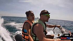 in the thrilling public scene the asian girlfriend eagerly drops to her knees for a pov blowjob on the jetski