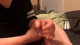 Girlfriend strokes massive cum load from boyfriend in hot POV handjob