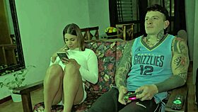 I was gaming when she grabbed my cock for wild anal creampie