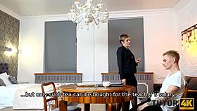 that tricky student sneaks a drill into his mature tutor's black stockings