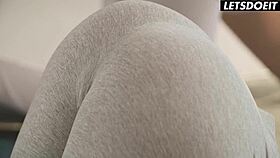 A yoga workout sparks a steamy blonde threeway fingering lick fest.