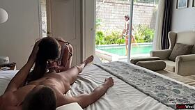 maid bends over outside pool as huge cock pounds pussy creampie quickie