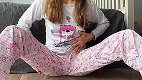 Horny small titted babe in pajamas fingers pussy squirting cum close up!