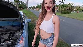 naughty brunette jessie flashes pussy outdoors pov deepthroat