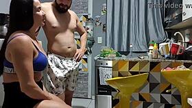 athletic latina milf flashes big clit pussy in kitchen casting fuck