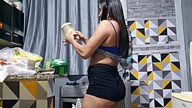 athletic latina milf flashes big clit pussy in kitchen casting fuck