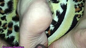 Curious Goddess Footjob from Hot Neighbor Cums on Pink Soles Licked