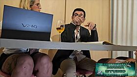 mama sneaks under desk for quick office sex cumshot