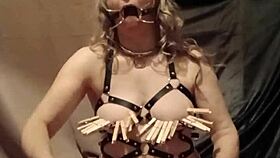 French housewife slave bound in leather harness flashes outdoors teasing
