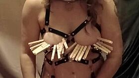 French housewife slave bound in leather harness flashes outdoors teasing