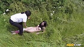 rookie cop babe joins her coworker for wild outdoor threesome in uniform