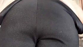 Chubby girl in leggings pulls panties aside for your face