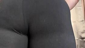 Chubby girl in leggings pulls panties aside for your face