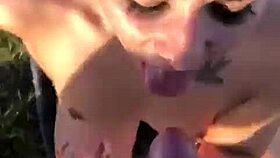 She drops to knees for his deepthroat outdoor cum finish