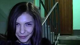 innocent looking young girlfriend gets pounded hard up the stairwell