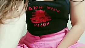 Naughty Masked Hentai Teen Teases Natural Tits in Pink Skirt Masturbating with Dildo