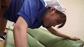 Old ugly guy seduces skinny japanese maid for creampie doggystyle at work