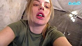 Watch this horny blonde soldier finger fuck her pussy to explosive orgasm on cam