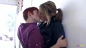 Blondie handywoman seduces redhead lesbian during car service fingering her wet pussy