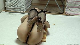 Asian Fishnet Booty Flashes Cameltoe Thong Tease