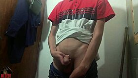 Skinny work bathroom solo erupts huge cumshot from monster cock masturbation frenzy
