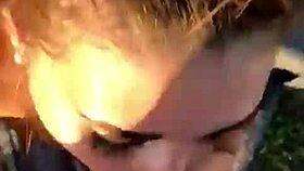 She drops to knees for his deepthroat outdoor cum finish