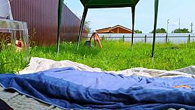 she rides that massive dildo stretching her wet pussy right in the park