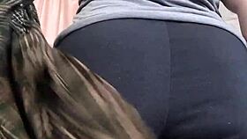 Chubby girl in leggings pulls panties aside for your face