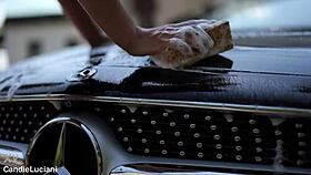 Oh god can you believe these sexy blondes licking wet pussies at Mercedes car wash outdoors