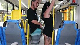 Old Pervert Gropes Curvy Brunette Masturbates to Bus Cumshot