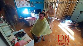 Surprise as nude hairdresser strips apron revealing juicy curves on cam