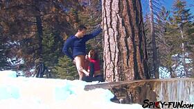 she strips then takes big tits doggystyle pounding in mountains