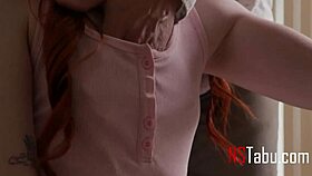 petite redhead bride rides shaved pussy cowgirl horny sofa sex