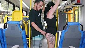 Old Pervert Gropes Curvy Brunette Masturbates to Bus Cumshot