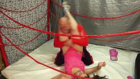 Hey juggy babe wrestles guy for cash or hard fuck