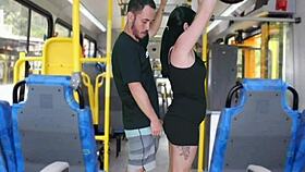 Old Pervert Gropes Curvy Brunette Masturbates to Bus Cumshot