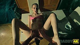 older guy pounds skinny babe hard on table