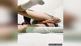 curious college cutie in glasses slips toy in bed then gets pounded by classmate in homemade latina party clip