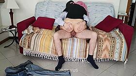 Pretty wife teases with sensual sofa riding motion