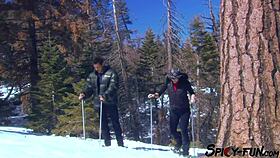 she strips then takes big tits doggystyle pounding in mountains