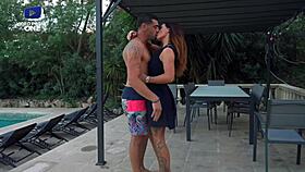 young french milf big boobs lingerie poolside european couple plump tattoo fun